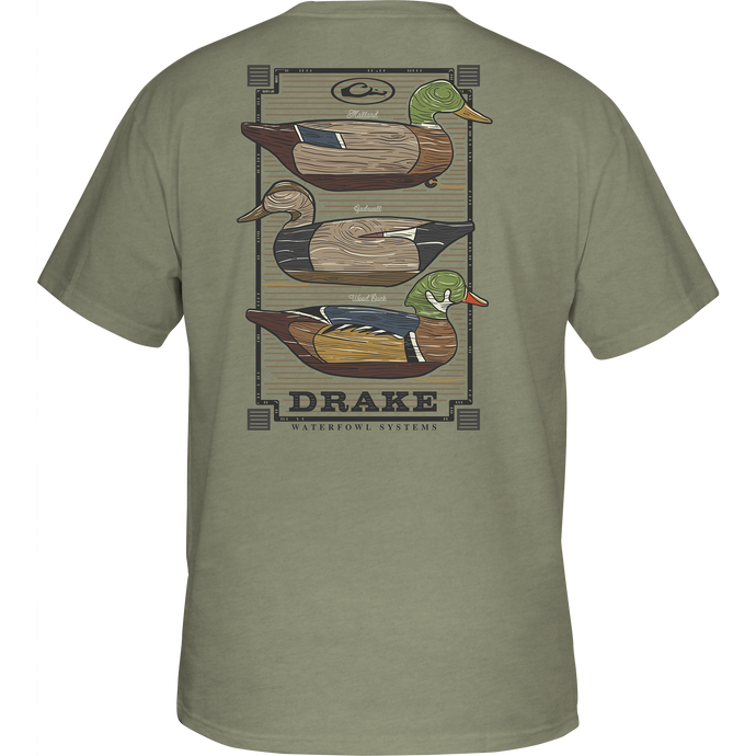 Vintage Decoy Stack T-Shirt featuring a back graphic of ducks, part of the Ducks of Drake Series, with a front Drake logo pocket.