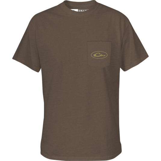 Vintage Decoy Stack T-Shirt featuring a front pocket with Drake logo, showcasing a vintage stack of decoys graphic on the back.