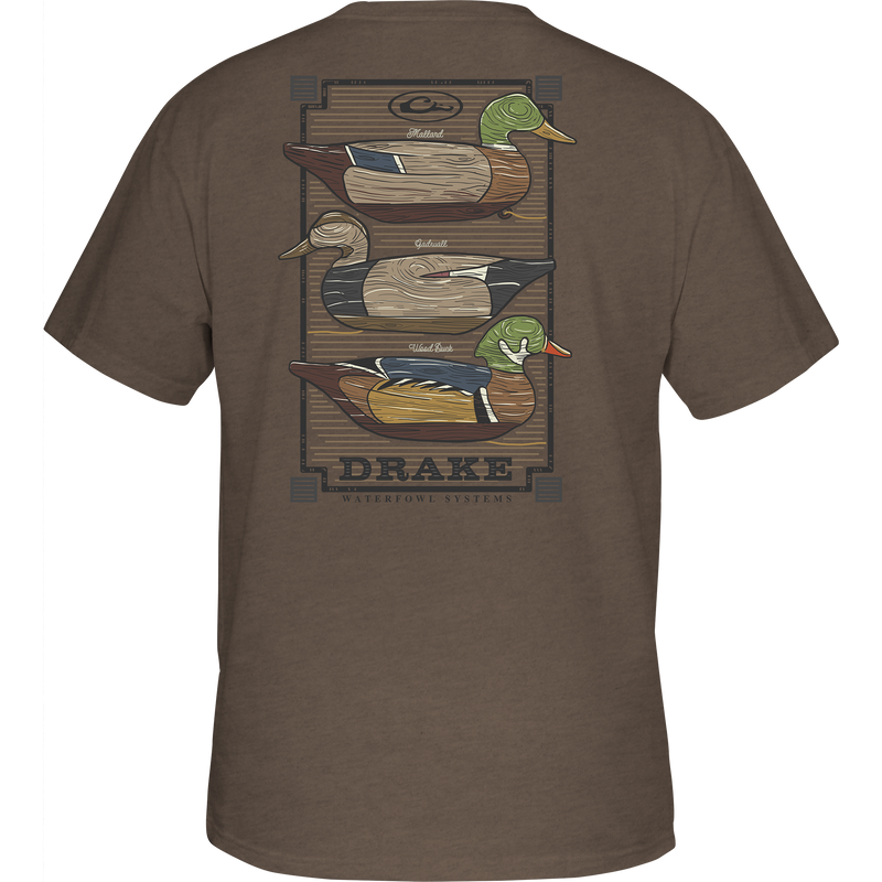 Vintage Decoy Stack T-Shirt featuring a back design of ducks, made from a soft cotton-polyester blend, with a front pocket Drake logo.