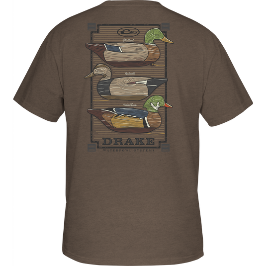 Vintage Decoy Stack T-Shirt featuring a back design of ducks, made from a soft cotton-polyester blend, with a front pocket Drake logo.
