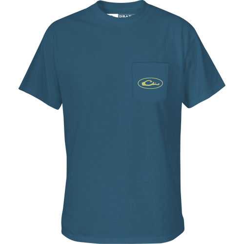 Pop Art Wood Duck Sunglasses T-Shirt featuring a front pocket with a Drake logo and a Wood Duck graphic from the Ducks of Drake Series.