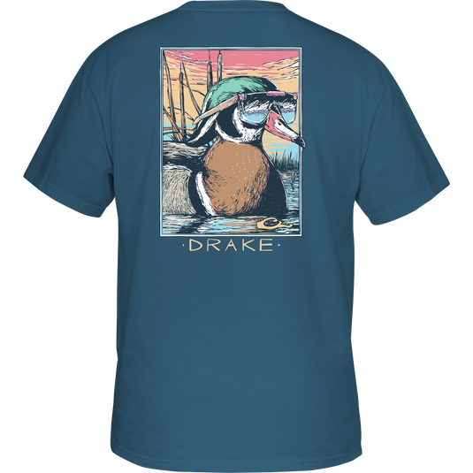 Pop Art Wood Duck Sunglasses T-Shirt featuring a cartoon duck with sunglasses and a hat, part of Purewhitelaneshop's Ducks of Drake Series.