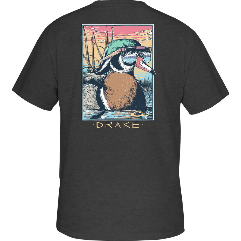 Pop Art Wood Duck Sunglasses T-Shirt featuring a cartoon duck in sunglasses on the back, part of Purewhitelaneshop's Ducks of Drake Series.