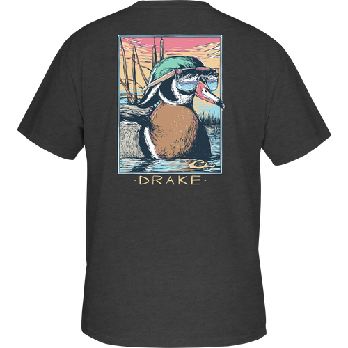 Pop Art Wood Duck Sunglasses T-Shirt featuring a cartoon duck in sunglasses on the back, part of Purewhitelaneshop's Ducks of Drake Series.