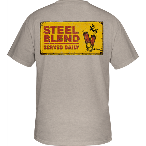 Steel Blend T-Shirt with a back graphic of shells on a distressed metal sign, featuring a Drake logo pocket on the front.