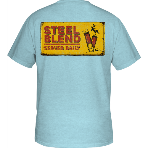 Steel Blend T-Shirt featuring a distressed metal sign with graphic shot shells on the back, part of Purewhitelaneshop’s Logo Series.