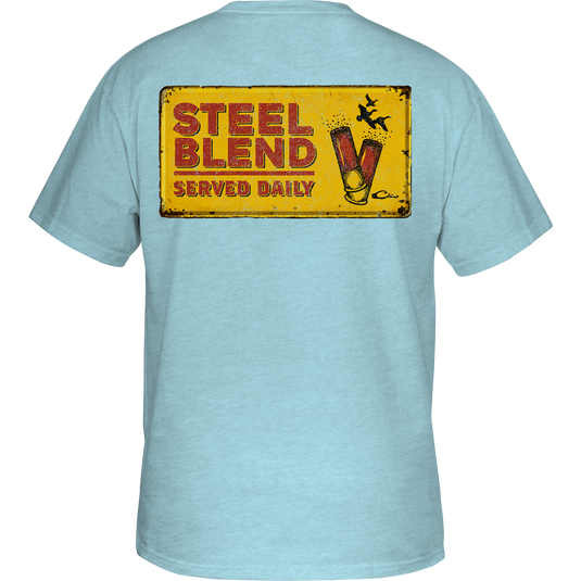 Steel Blend T-Shirt featuring a distressed metal sign with graphic shot shells on the back, part of Purewhitelaneshop’s Logo Series.