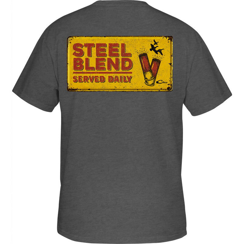 Steel Blend T-Shirt showcasing a yellow distressed metal sign with shells on the back, part of Purewhitelaneshop's Graphic Tee series.
