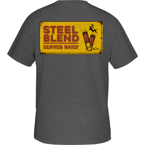 Steel Blend T-Shirt showcasing a yellow distressed metal sign with shells on the back, part of Purewhitelaneshop's Graphic Tee series.