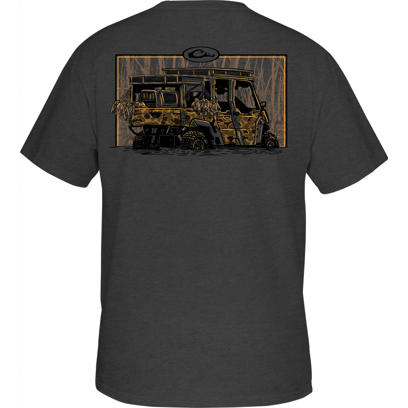 Side X Side T-Shirt featuring a back graphic of a jeep, crafted from a cotton-polyester blend, with a Drake logo on the front pocket.
