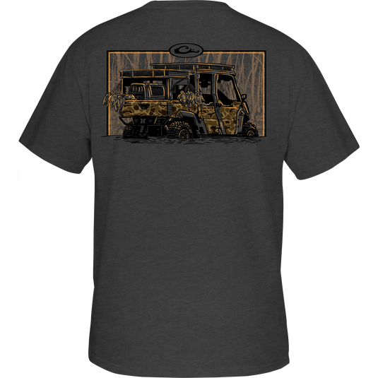 Side X Side T-Shirt featuring a back graphic of a jeep, crafted from a cotton-polyester blend, with a Drake logo on the front pocket.