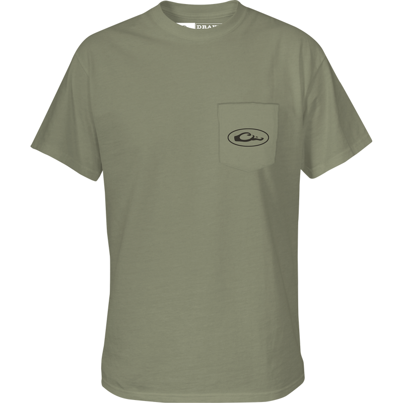 Mud Cart T-Shirt featuring a front pocket with Drake logo, part of the Trucks of Drake Series, highlighting a marsh ride graphic.