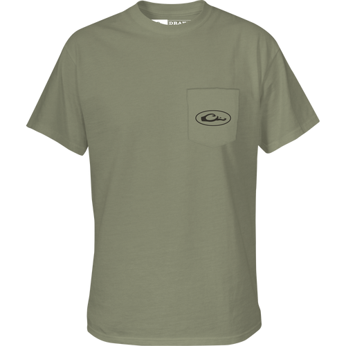 Mud Cart T-Shirt featuring a front pocket with Drake logo, part of the Trucks of Drake Series, highlighting a marsh ride graphic.
