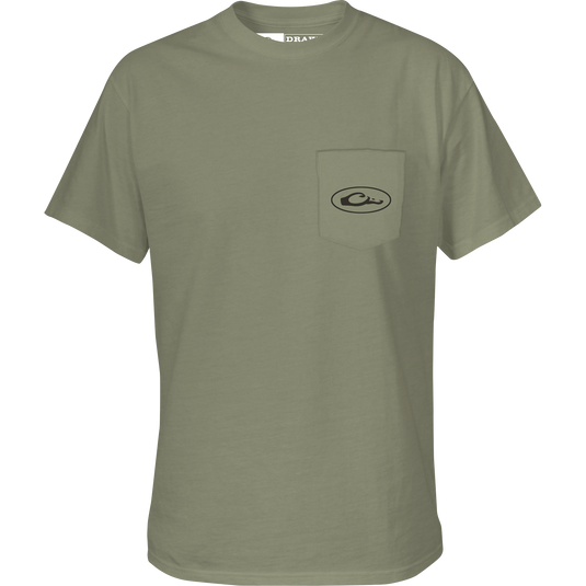 Mud Cart T-Shirt featuring a front pocket with Drake logo, part of the Trucks of Drake Series, highlighting a marsh ride graphic.