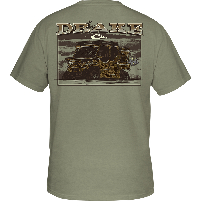 Mud Cart T-Shirt featuring a back graphic of a jeep in the marsh and a Drake logo on the front pocket.