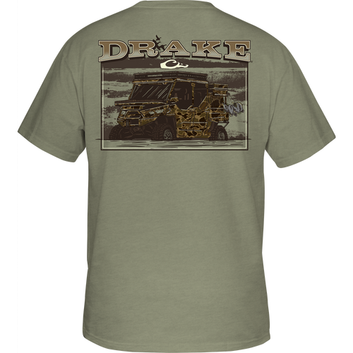 Mud Cart T-Shirt featuring a back graphic of a jeep in the marsh and a Drake logo on the front pocket.