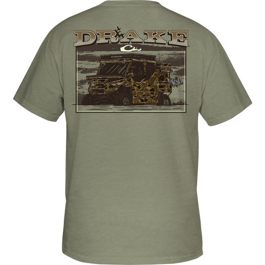 Mud Cart T-Shirt featuring a back graphic of a jeep in the marsh and a Drake logo on the front pocket.