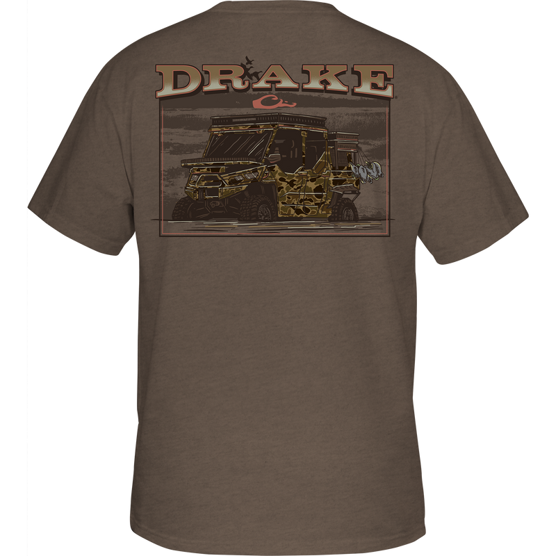 Mud Cart T-Shirt featuring a Drake logo on the front pocket and a camouflage-painted military vehicle graphic on the back.