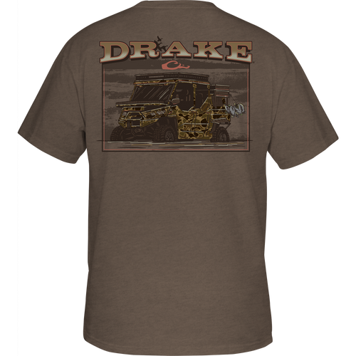 Mud Cart T-Shirt featuring a Drake logo on the front pocket and a camouflage-painted military vehicle graphic on the back.
