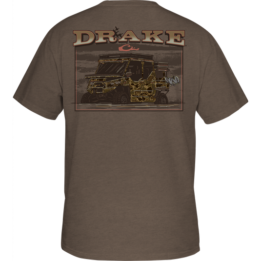 Mud Cart T-Shirt featuring a Drake logo on the front pocket and a camouflage-painted military vehicle graphic on the back.