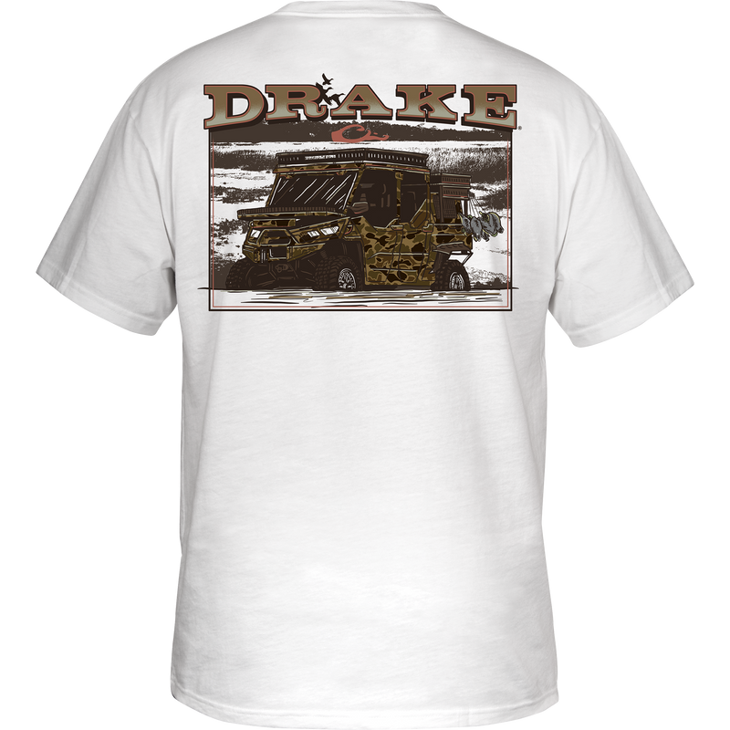 Mud Cart T-Shirt featuring a cartoon military vehicle graphic on the back, with a Drake logo on the front pocket.
