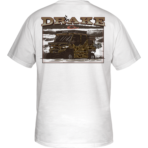 Mud Cart T-Shirt featuring a cartoon military vehicle graphic on the back, with a Drake logo on the front pocket.