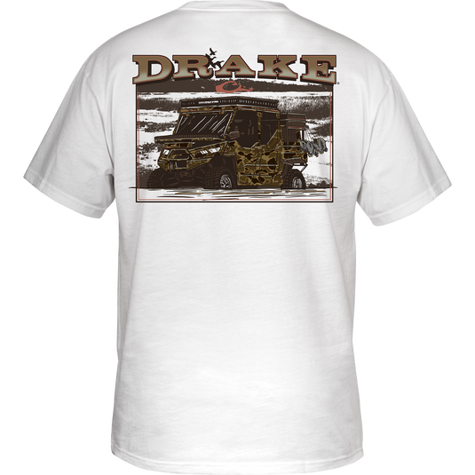 Mud Cart T-Shirt featuring a cartoon military vehicle graphic on the back, with a Drake logo on the front pocket.