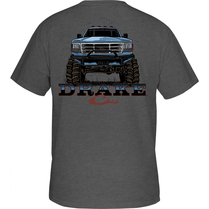 Monster Truck T-Shirt featuring a blue truck graphic, crafted from a soft cotton-polyester blend, includes a Drake logo on the front pocket.