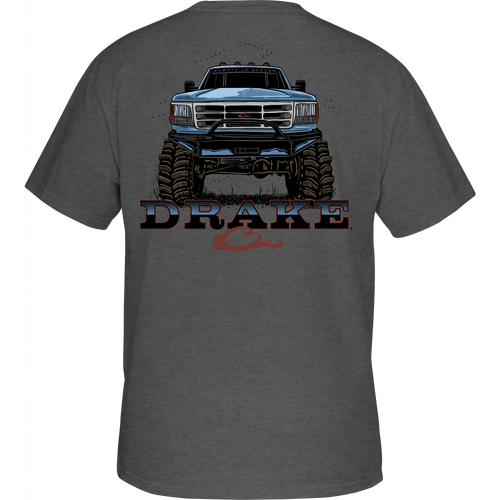 Monster Truck T-Shirt featuring a blue truck graphic, crafted from a soft cotton-polyester blend, includes a Drake logo on the front pocket.