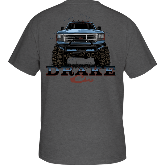 Monster Truck T-Shirt featuring a blue truck graphic, crafted from a soft cotton-polyester blend, includes a Drake logo on the front pocket.