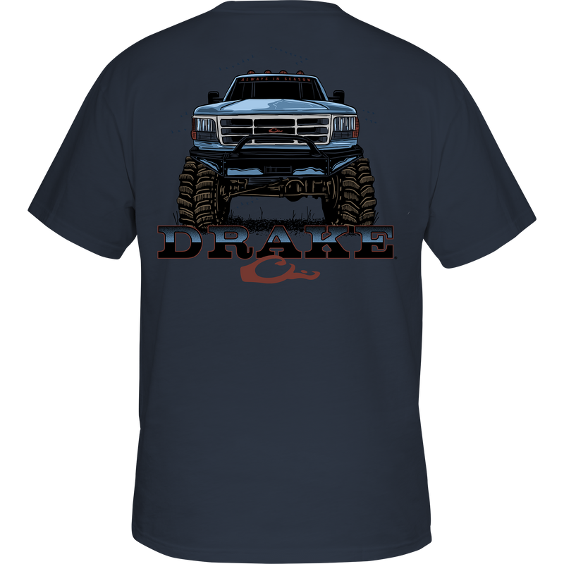 Monster Truck T-Shirt showcasing a large truck graphic on the back, crafted from a soft cotton-polyester blend with a front Drake logo pocket.