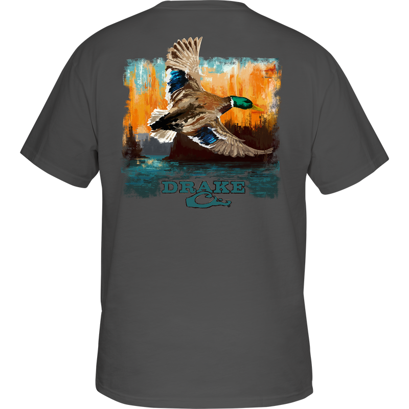 Watercolor Mallard T-Shirt featuring a back view with a watercolor mallard graphic, crafted from garment-washed 100% cotton, ideal for comfort and style.