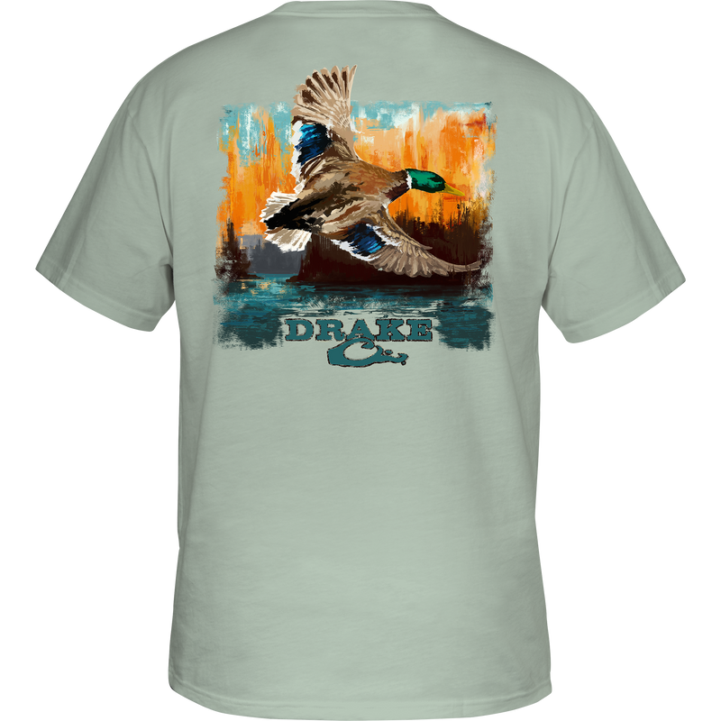 Watercolor Mallard T-Shirt featuring a striking mallard graphic on the back, crafted from soft 100% cotton, with a Drake logo on the front chest.