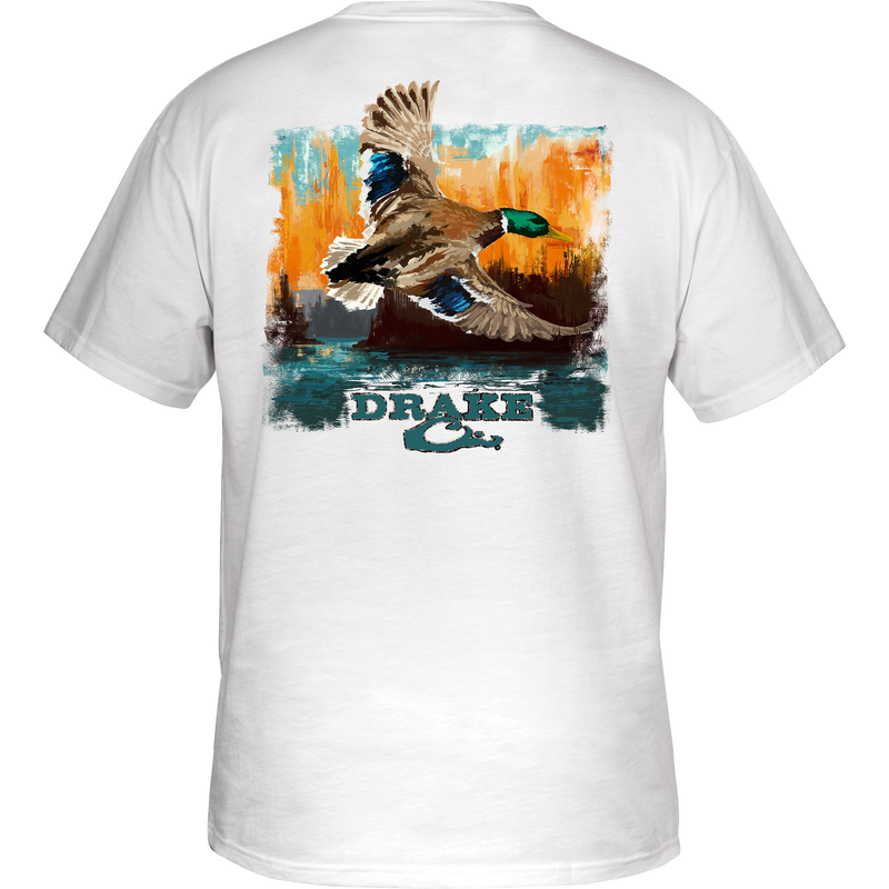 Watercolor Mallard T-Shirt featuring a green-headed duck in flight on the back, crafted from garment-washed cotton for comfort, with a Drake logo on the front.