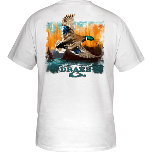 Watercolor Mallard T-Shirt featuring a green-headed duck in flight on the back, crafted from garment-washed cotton for comfort, with a Drake logo on the front.