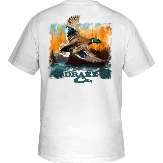 Watercolor Mallard T-Shirt featuring a green-headed duck in flight on the back, crafted from garment-washed cotton for comfort, with a Drake logo on the front.