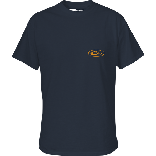 Flyway Sunrise Cotton T-Shirt featuring a Drake logo on the front left chest and a detailed Flyway Sunrise graphic on the back.