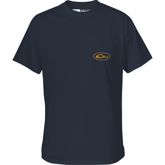 Flyway Sunrise Cotton T-Shirt featuring a Drake logo on the front left chest and a detailed Flyway Sunrise graphic on the back.