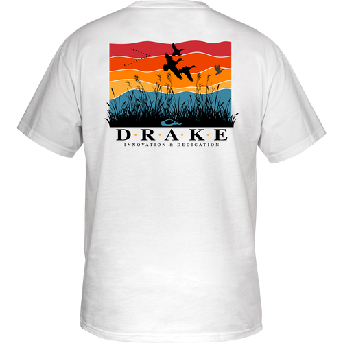 Flyway Sunrise Cotton T-Shirt featuring a graphic of ducks flying over grass on the back, with a Drake logo on the front.