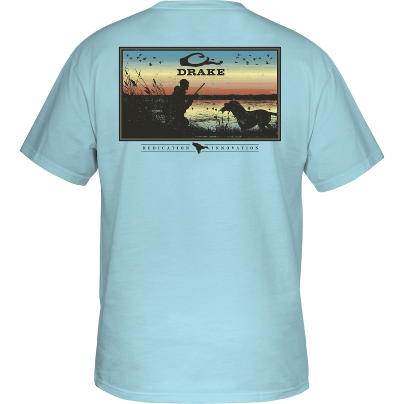 Dedication Innovation T-Shirt featuring a back graphic of a man fishing with a dog, part of Purewhitelaneshop's Heritage Cotton Series.