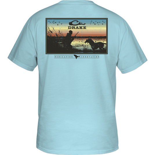 Dedication Innovation T-Shirt featuring a back graphic of a man fishing with a dog, part of Purewhitelaneshop's Heritage Cotton Series.