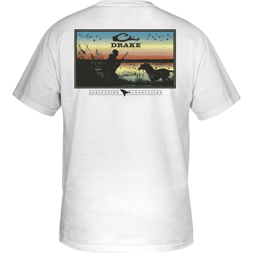 Dedication Innovation T-Shirt featuring a back graphic of a man fishing, part of Purewhitelaneshop's Heritage Cotton Series, with a Drake logo on front.