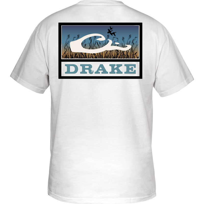 Marsh Flight T-Shirt featuring Drake logo on front left chest, marsh brake graphic with Drake logo overlay on back, made from soft 100% cotton.