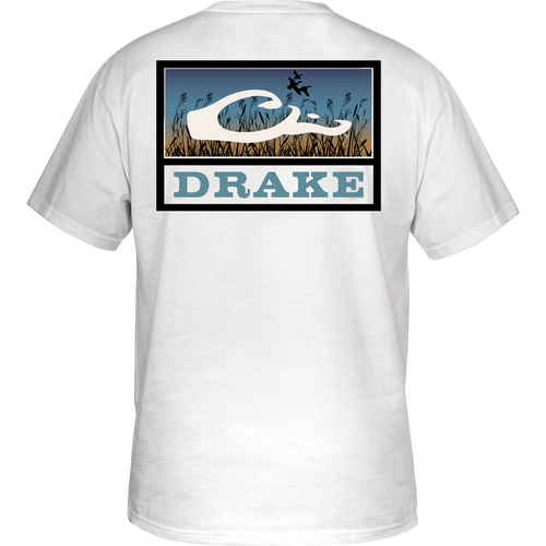 Marsh Flight T-Shirt featuring Drake logo on front left chest, marsh brake graphic with Drake logo overlay on back, made from soft 100% cotton.