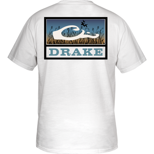 Marsh Flight T-Shirt featuring Drake logo on front left chest, marsh brake graphic with Drake logo overlay on back, made from soft 100% cotton.