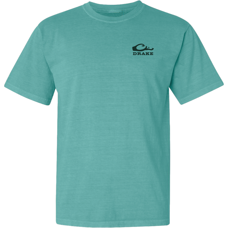Waterfowl Lab T-Shirt featuring a stylized fish logo and DRAKE text on the chest. Made from 100% cotton for comfort, part of Drake’s signature casual apparel line.