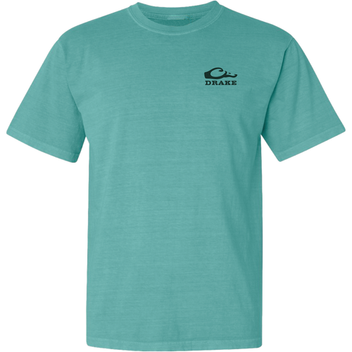 Waterfowl Lab T-Shirt featuring a stylized fish logo and DRAKE text on the chest. Made from 100% cotton for comfort, part of Drake’s signature casual apparel line.
