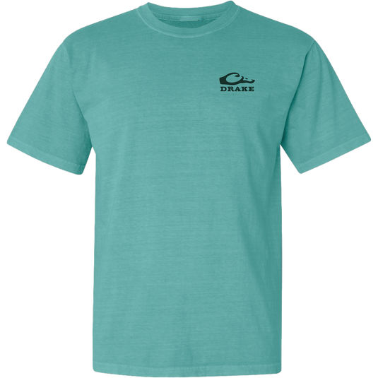 Waterfowl Lab T-Shirt featuring a stylized fish logo and DRAKE text on the chest. Made from 100% cotton for comfort, part of Drake’s signature casual apparel line.
