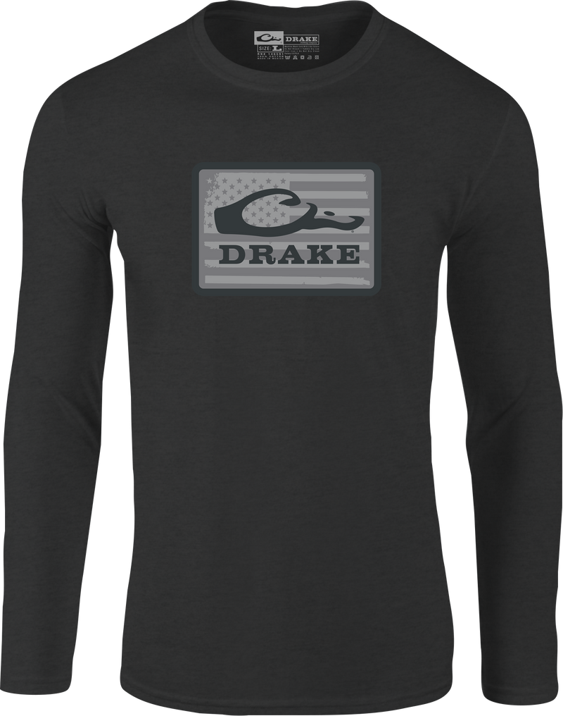 Graphic Work Long Sleeve T-Shirt featuring Drake Work Logo, highlighting a blend of 60% cotton and 40% polyester for comfort and durability.