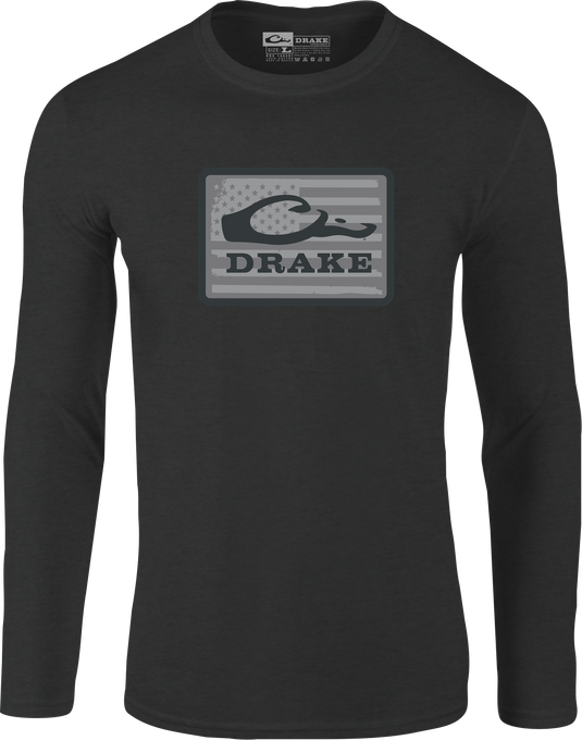 Graphic Work Long Sleeve T-Shirt featuring Drake Work Logo, highlighting a blend of 60% cotton and 40% polyester for comfort and durability.